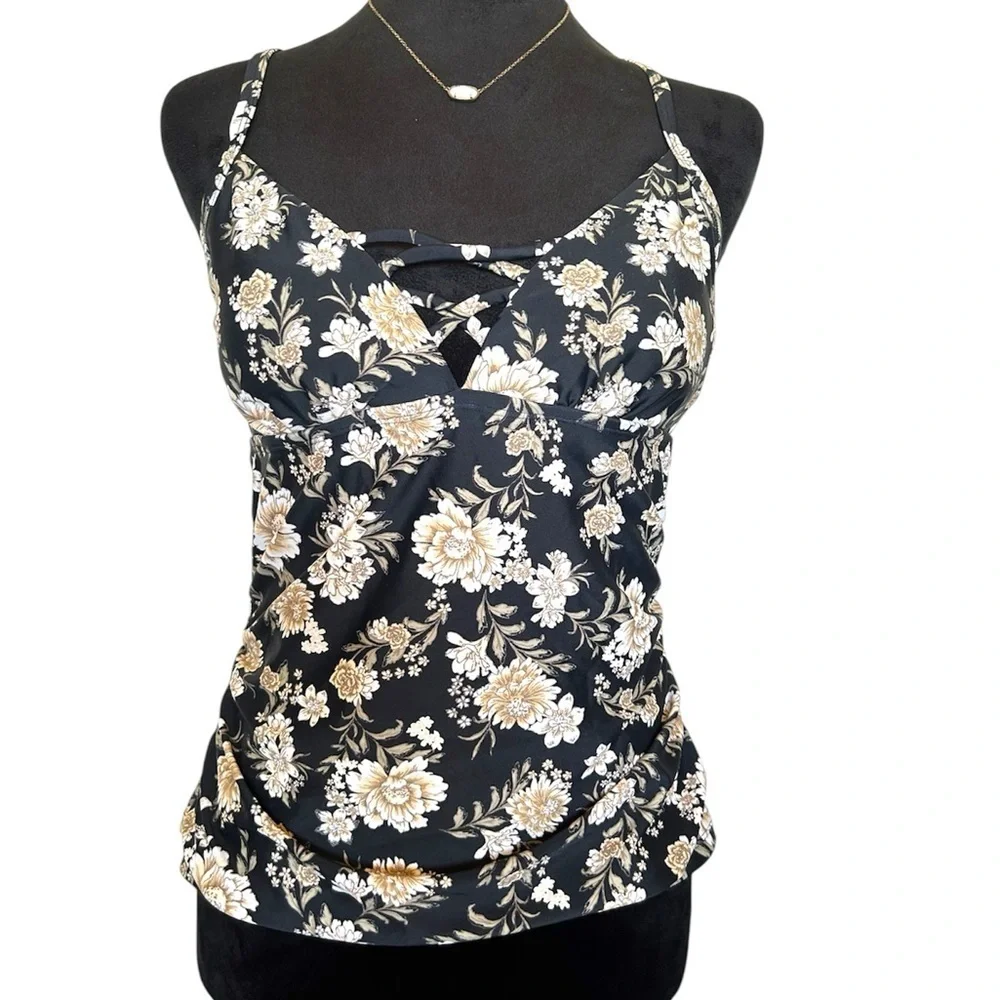 Aqua Couture Womans Medium Black & Gold Floral Pattern Cross Back Swim Suit Top